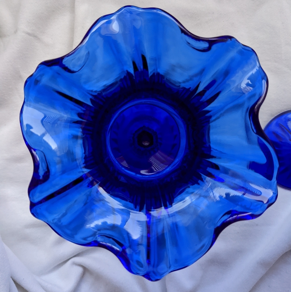 Vintage Fenton Vulcan Cobalt Blue Handmade Crimped Rim Compote Candy Dish - 2 - Picture 10 of 16